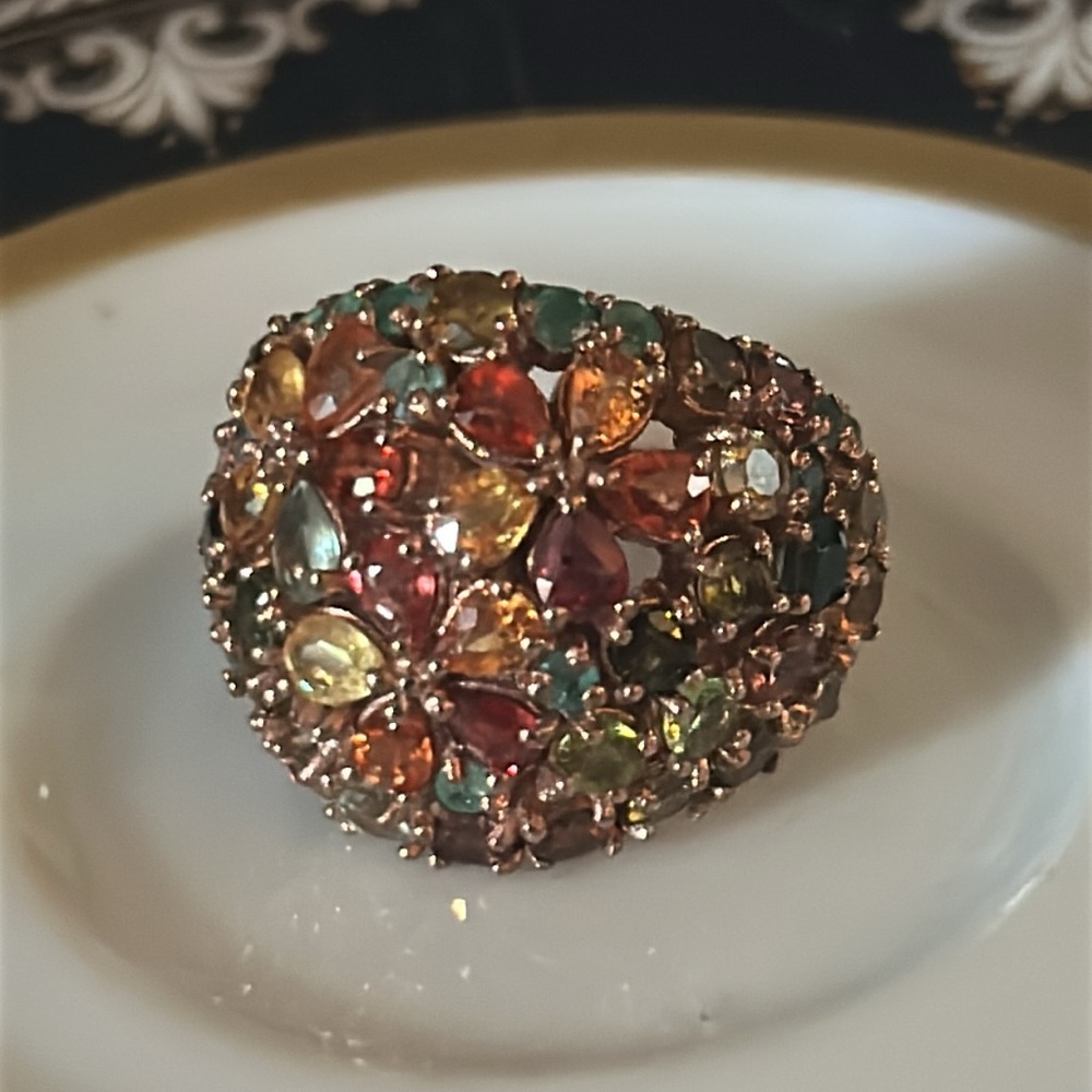 Vintage Sterling Floral Bouquet Multicolor Gemstone Dome Ring